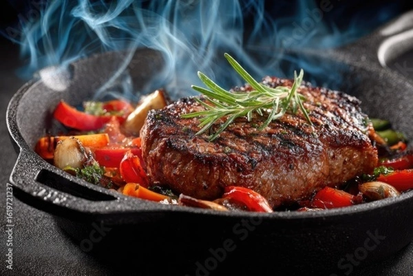 Fototapeta Sizzling steak and colorful vegetables in a cast iron skillet