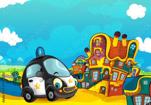 Fototapeta Cartoon police car smiling and looking in the parking lot - illustration for children