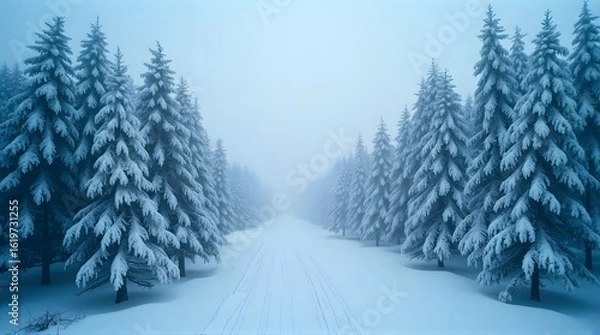 Obraz Snow-covered pine forest path disappearing into a misty winter wonderland