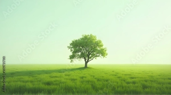 Fototapeta Solitary Green Tree Stands Tall in Vast, Lush Meadow Under Soft, Hazy Sky
