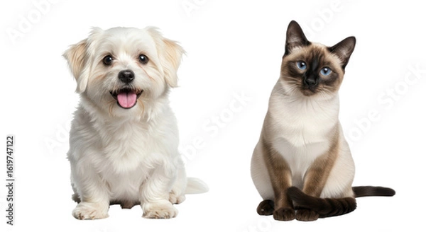 Obraz Isolated Maltese Dog and Siamese Cat Together