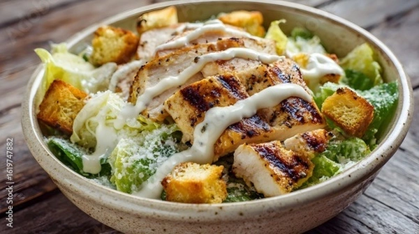 Fototapeta Caesar salad with grilled chicken croutons and creamy dressing in a ceramic bowl