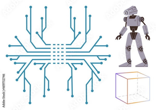 Obraz Robot figure beside a branching circuit board and wireframe cube symbolizing artificial intelligence, innovation, computing, and 3D modeling. Ideal for AI, robotics, technology, future, innovation