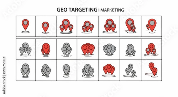 Fototapeta Dynamic geo targeting marketing icons for location based advertising campaigns and promotion tools