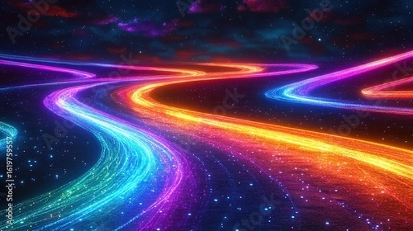 Obraz Futuristic Neon Light Streaks Flowing Across a Starry Sky Illustration