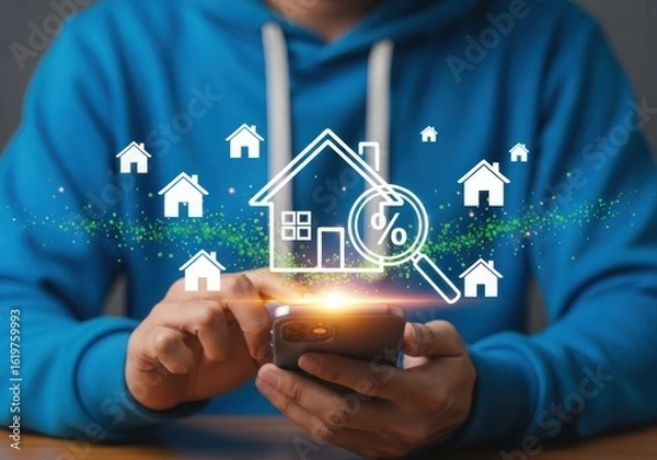 Obraz Person using smartphone to search for real estate and mortgage information