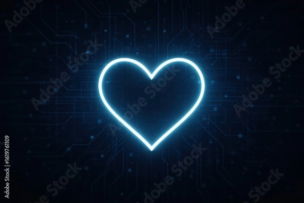 Fototapeta Glowing blue neon heart shape on a dark background with subtle particles