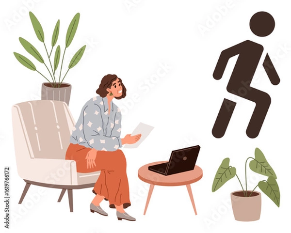 Obraz Woman seated in armchair with laptop and paper, surrounded by plants and observing abstract figure. Ideal for work, creativity, remote job, productivity, introspection, mental health, simple flat