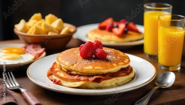 Fototapeta A table laden with a delicious and hearty breakfast spread, including pancakes, bacon, eggs, fruit, and juice, perfect for satisfying a hungry stomach , juice, breakfast, vibrant