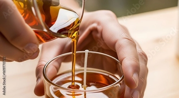 Fototapeta Hands pouring golden liquid, likely oil or wax, into a clear glass container with a white wick, possibly for candle making.