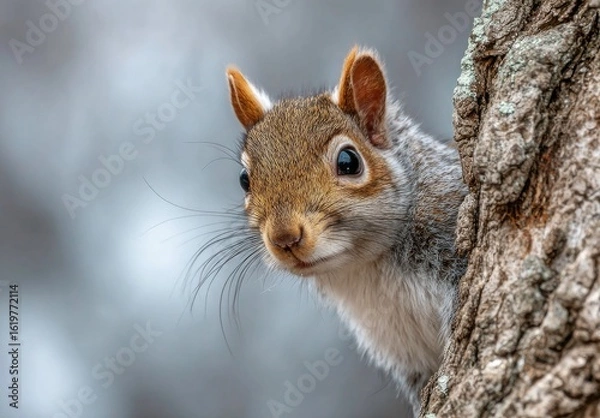 Obraz Eastern Gray Squirrel Peeking Out From Behind a Tree Trunk in Winter