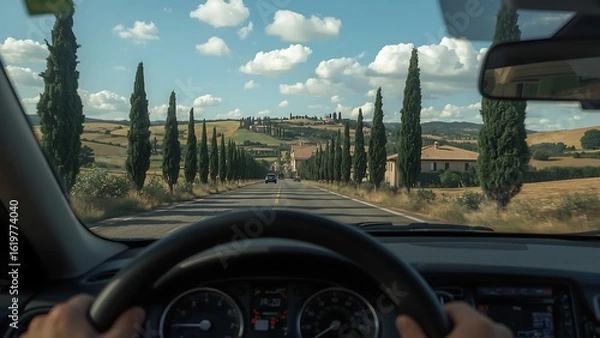 Fototapeta Driver’s windshield view, Tuscany hills, cypress alleys, steering wheel in foreground, shallow DOF, photorealistic, 4K.