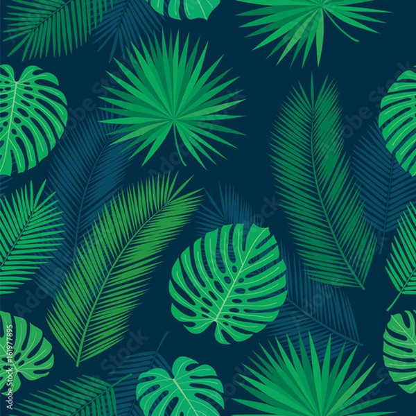 Fototapeta Seamless pattern with tropical leaves for textile, wallpapers, gift wrap and scrapbook. Green background. Vector illustration.
