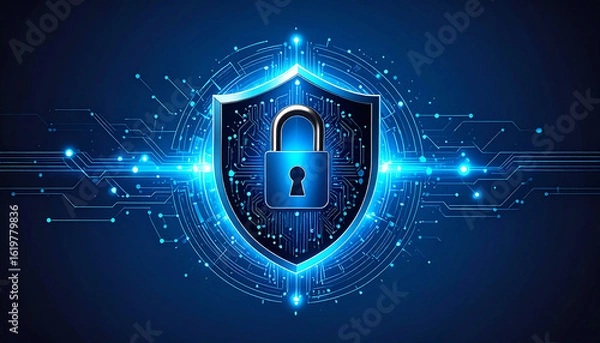 Obraz A digital shield with a padlock symbolizes cybersecurity, featuring a circuit-like design and glowing elements on a dark blue background