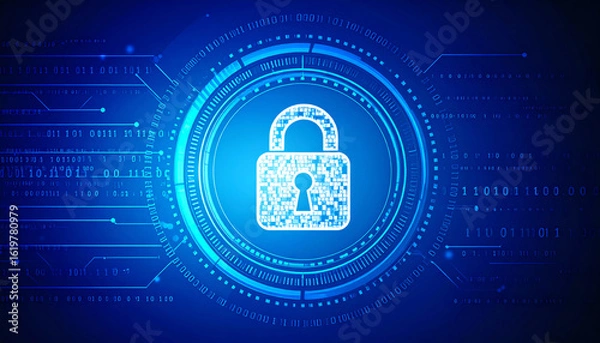 Obraz Digital lock graphic symbolizing cybersecurity, surrounded by binary code and intricate patterns, illustrating modern technology and data protection