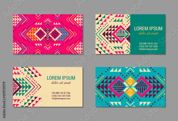 Fototapeta Aztec style colorful business card set. American indian ornamental pattern design. Ornate blank with ethnic motifs. Tribal decorative template. EPS 10 vector concept. 
