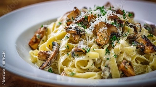 Fototapeta Serving of Mushroom Fettuccine Pasta with Parsley and Cheese