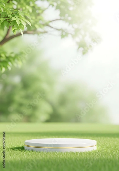 Fototapeta Empty white podium on lush green grass with soft focus background of trees and bright sunlight