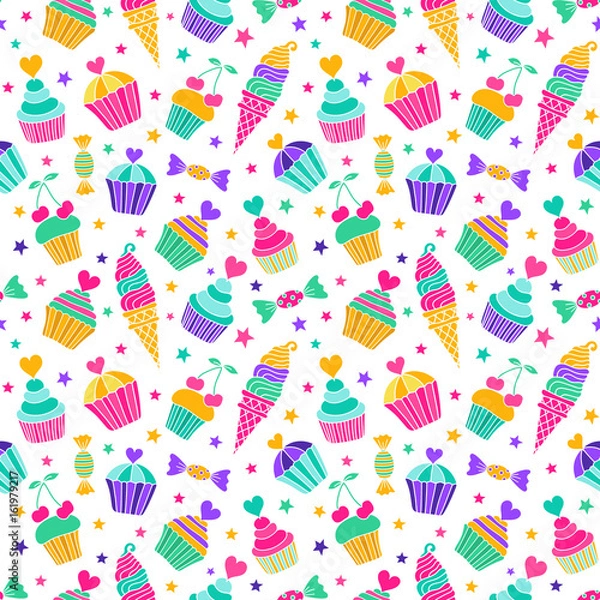 Fototapeta Cake, candy, ice cream doodle seamless pattern. Colored endless background of  hand-drawn sweets. Use for decorative gift packing, textile and paper printing. EPS 10 vector illustration.