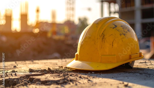 Obraz Hard hat rests on dusty ground at sunset construction site.