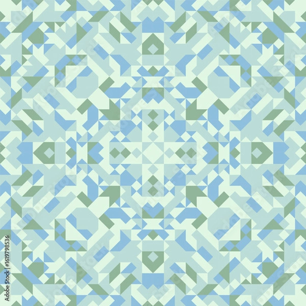 Fototapeta Vector seamless pattern of simple geometric shapes. Repeating endless ornament of squares, rhombuses and triangles. Colorful abstract background, wallpaper. Image with kaleidoscope effect, tiles