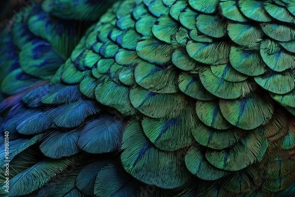 Fototapeta Close-up of iridescent, overlapping bird feathers, teal and green hues