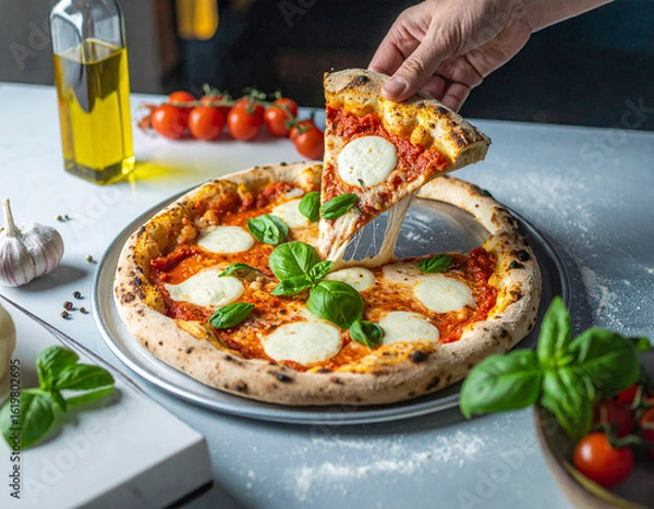 Obraz 클래식 마르게리타 피자, 신선한 바질과 모짜렐라 치즈가 어우러진 이탈리안 피자 클로즈업