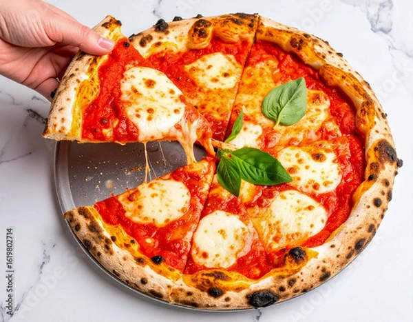 Obraz 클래식 마르게리타 피자, 신선한 바질과 모짜렐라 치즈가 어우러진 이탈리안 피자 클로즈업