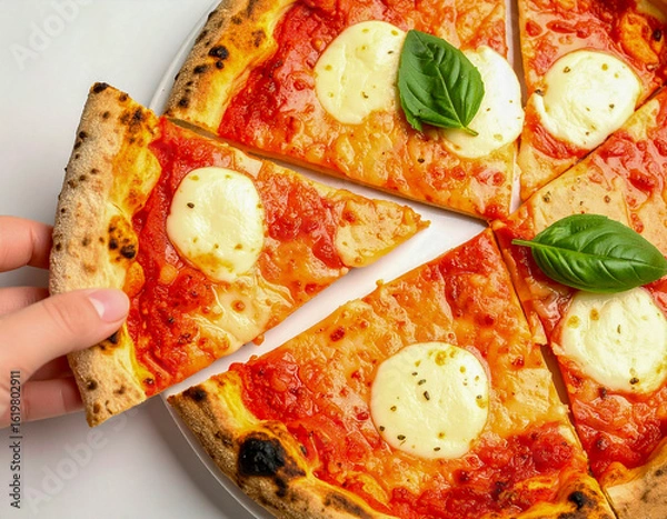 Obraz 클래식 마르게리타 피자, 신선한 바질과 모짜렐라 치즈가 어우러진 이탈리안 피자 클로즈업