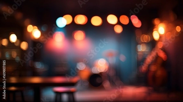 Fototapeta blurred image of an underground jazz bar at night, soft music playing, blurred instruments and lights creating a cinematic blur. 