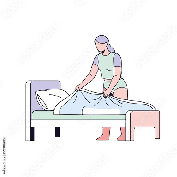 Fototapeta Woman making bed in comfortable home, neatly straightening sheets with pillow. Woman making bed as part of her daily routine. Enjoy feeling of comfort when woman making bed,