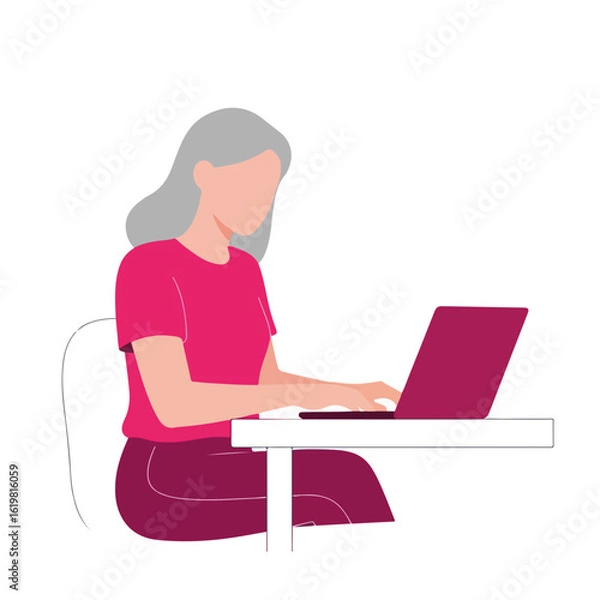 Fototapeta Woman with laptop working at desk, depicted in a flat illustration style. Flat illustration includes a woman with a laptop, sitting at a minimalist desk,