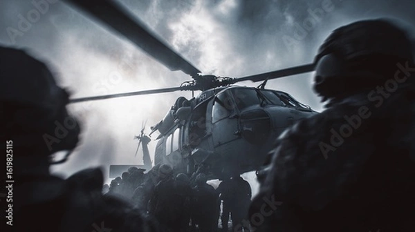 Fototapeta Military personnel preparing for a mission as a helicopter lands amidst dramatic weather conditions at an undisclosed location during twilight hours