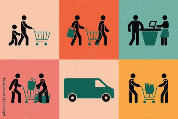 Fototapeta Set of six pictogram icons representing shopping and delivery services