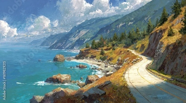 Fototapeta Coastal highway winds along a sun-drenched cliffside, overlooking a rocky ocean shore