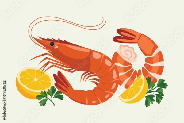 Fototapeta Delicious cooked shrimp with lemon wedges and fresh parsley garnish