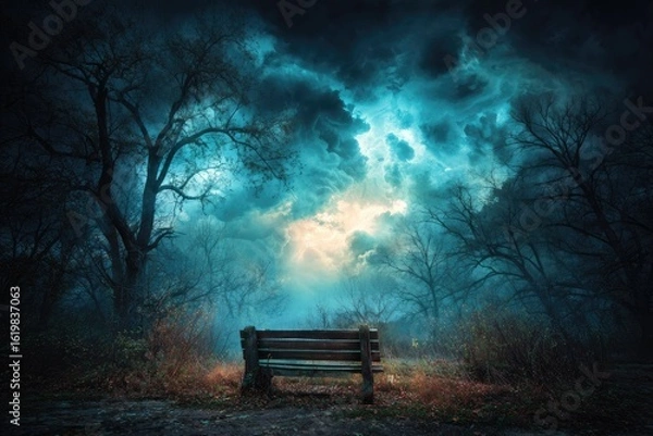 Fototapeta A lone bench sits in a dark, moody forest under a stormy sky