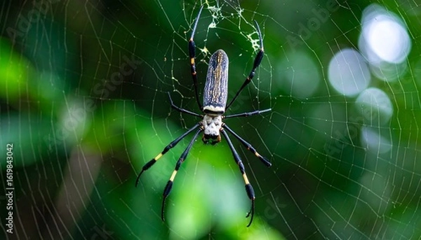 Fototapeta Spider on its web, forest backdrop