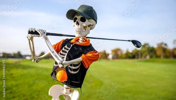 Fototapeta A skeleton golfer on a golf course, ready to swing