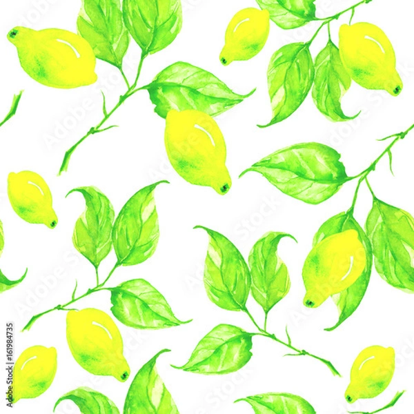 Obraz Seamless watercolor background. With a vintage pattern of lemons, lime, a branch with green leaves. Beautiful pattern for different designs.