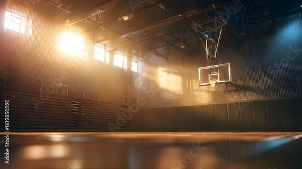 Obraz A basketball court basks in golden gym lighting, focusing on a solitary hoop with blurred motion.