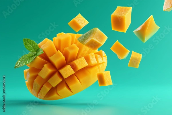Obraz Mango with mango cubes floating in the air against a green background, ultra-realistic photography. Delicious mango cubes . 