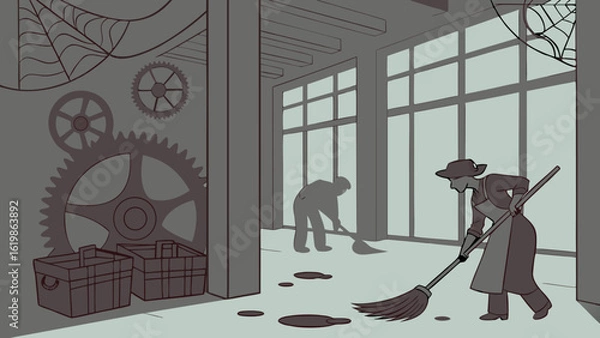 Fototapeta Workers diligently clean a dusty abandoned factory filled with cobwebs and large gears preparing it for a new purpose