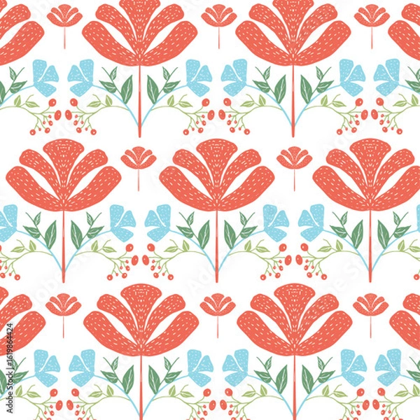 Fototapeta Mid-century modern floral seamless vector pattern in retro folk art style