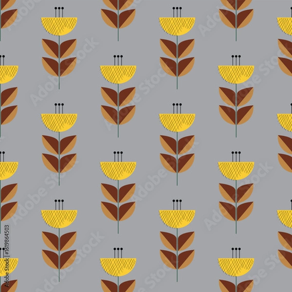 Fototapeta Mid-century modern floral seamless vector pattern in retro folk art style