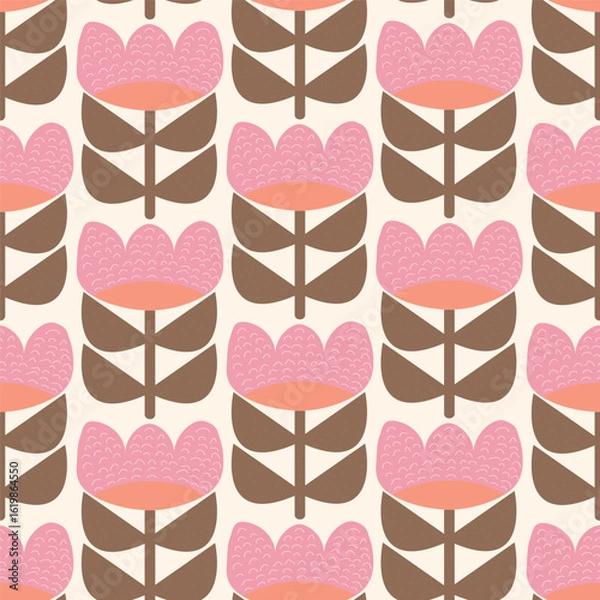 Fototapeta Mid-century modern floral seamless vector pattern in retro folk art style