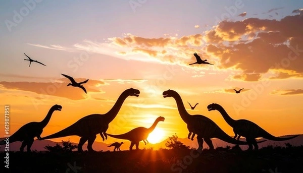 Obraz Dinosaurs at sunset
