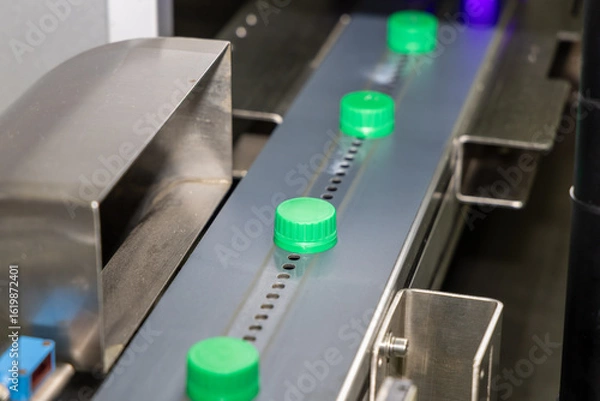 Fototapeta Green plastic bottle caps moving on a stainless steel conveyor belt in an industrial factory setting, representing automation in manufacturing