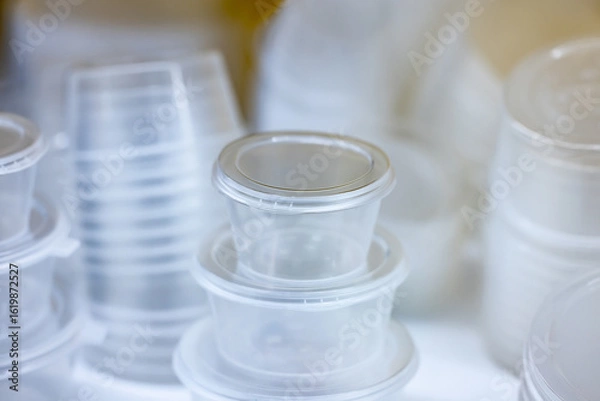 Fototapeta Clear plastic food storage containers with lids, photographed in a realistic style on a white background, representing food packaging concept
