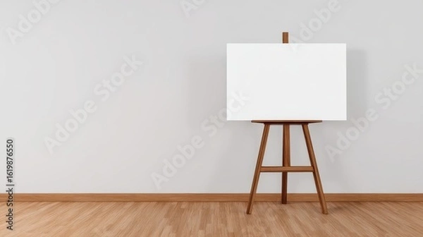 Fototapeta A blank canvas stands on a wooden easel against a minimalist wall, ready for artistic creation.
